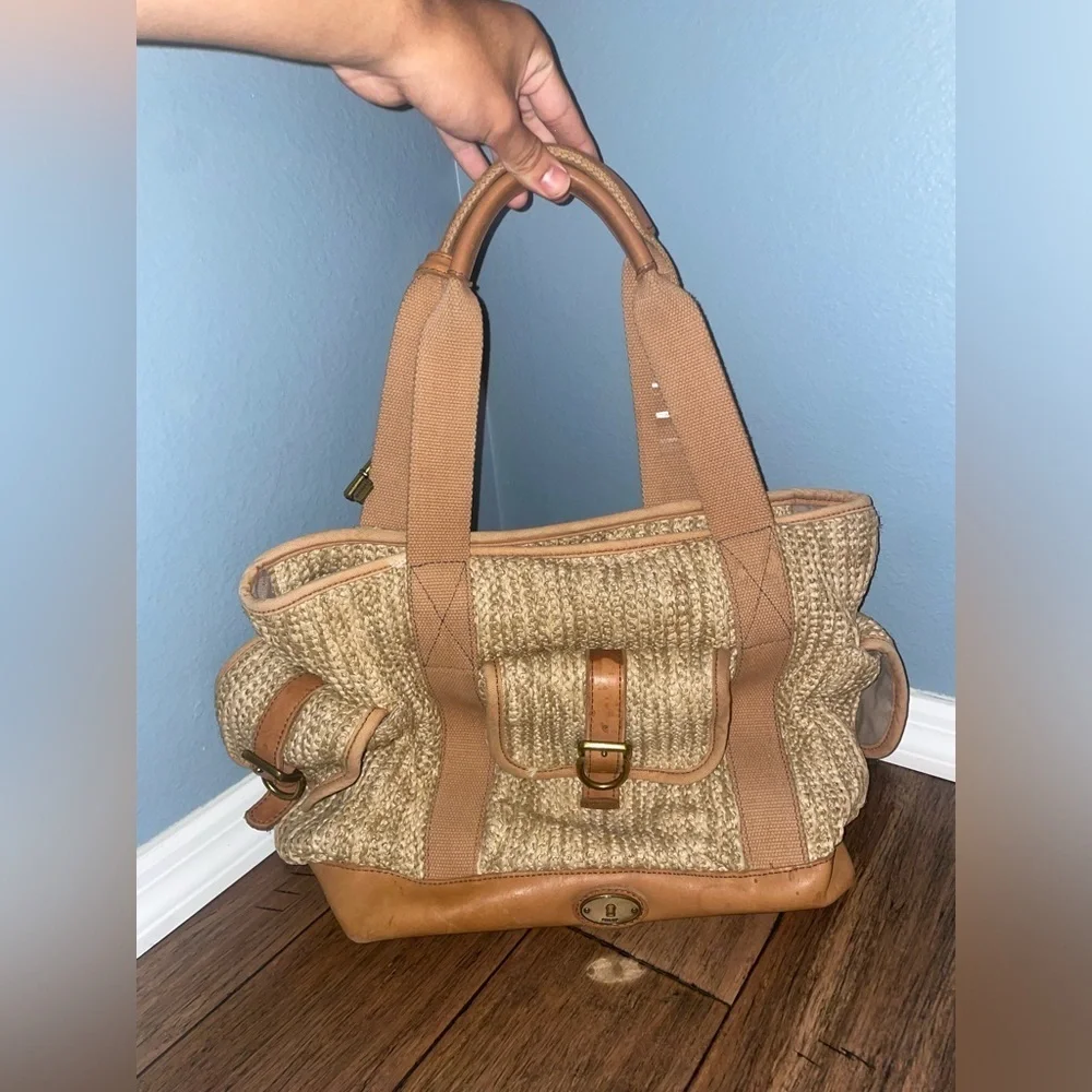 Vintage Woven tote large fossil bag straw bag leather bag canvas shoulder bag